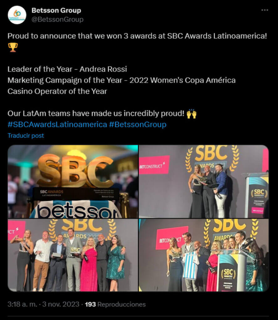 Post oficial de X de Grupo Betsson al recibir premio SBC como Mejor Operador de Casino