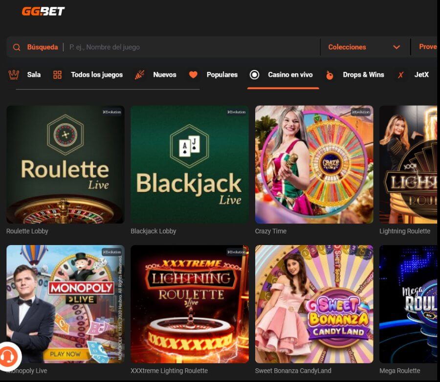 Sección de Juegos en Vivo de GGBet