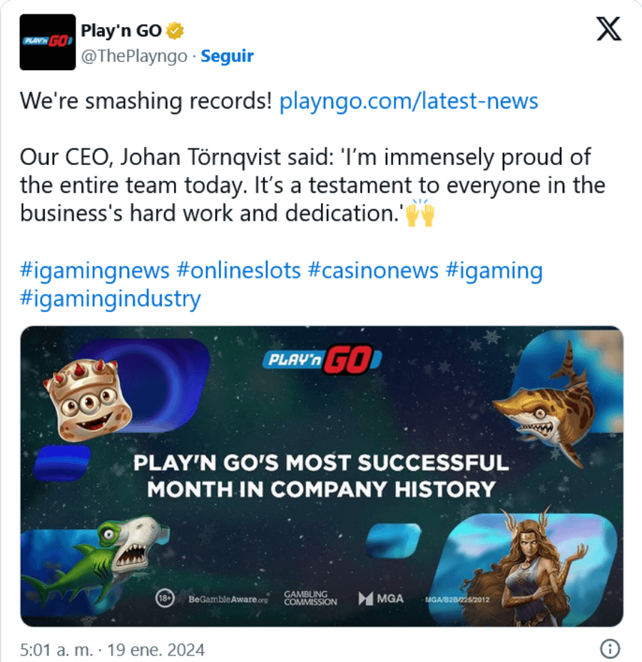 Post de X de la cuenta oficial de Play'n Go con su anuncio celebratorio de parte de su CEO, Johan Törnqvist
