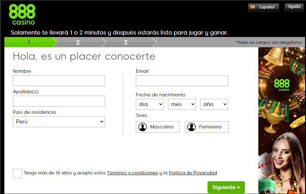Crear cuenta en 888 casino