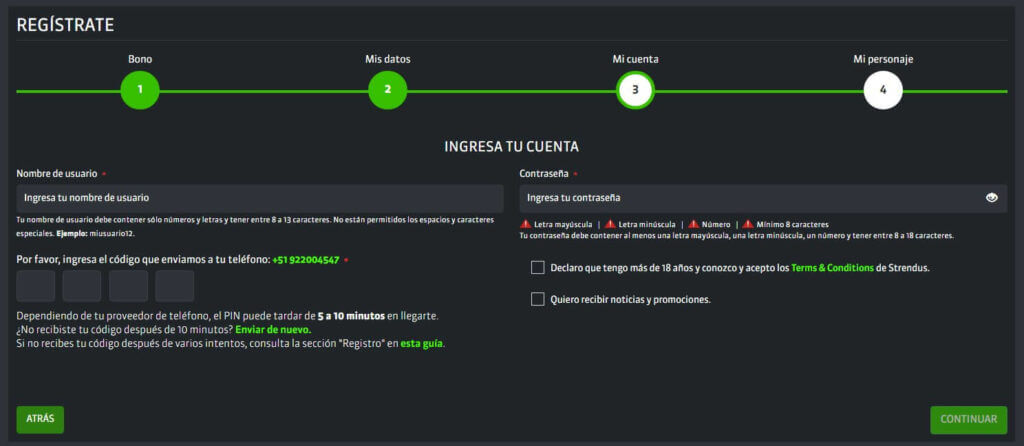 Creación de cuenta en Strendus