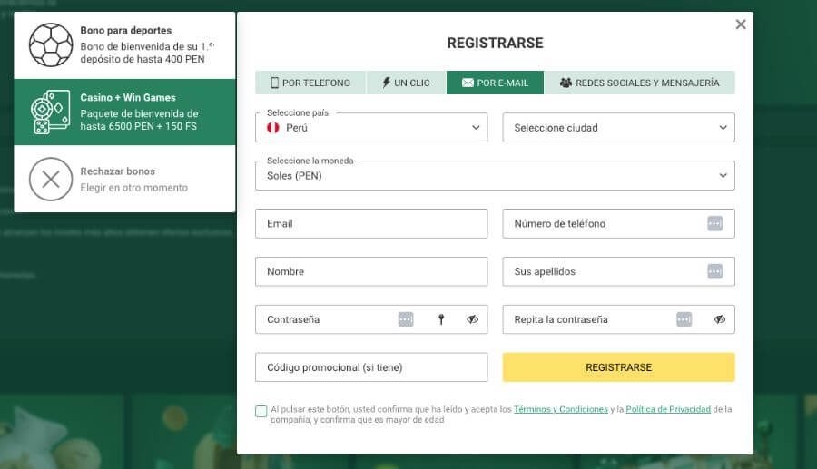 Formulario de registro en Betwinner Casino