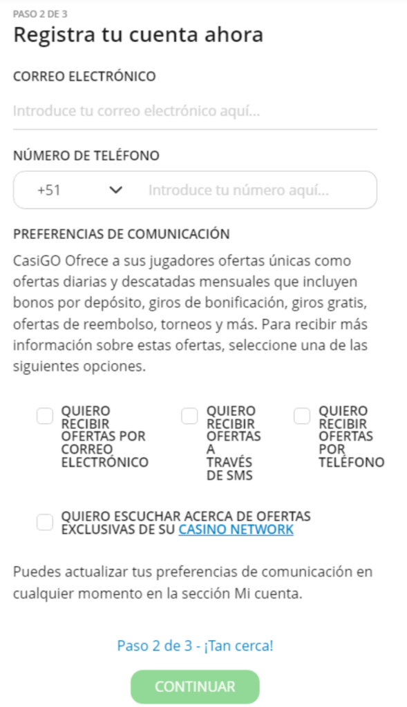 Registro CasiGo Casino Perú