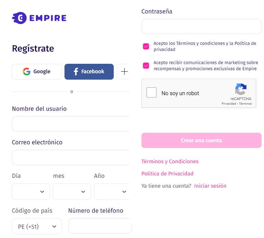 Registro en Empire.io